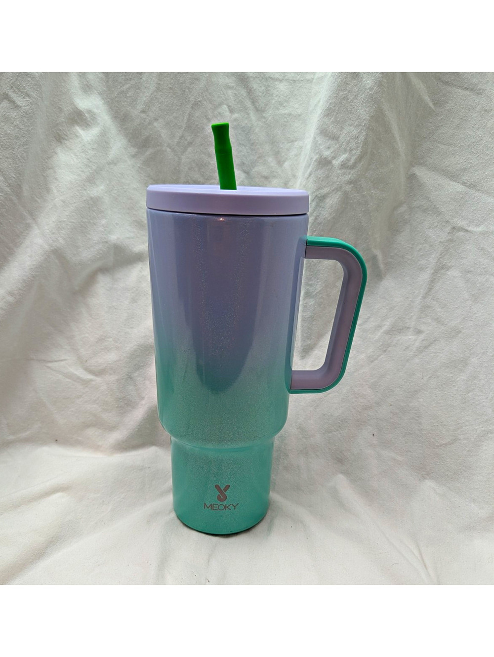 MEOKY 40 oz Gradient Tumbler Purple/Green Handle Drink-Through Lid & Straw